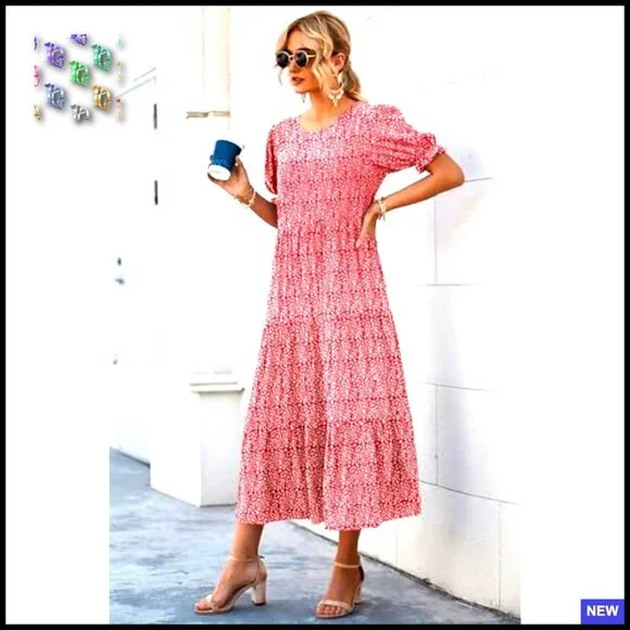 Floral Boho Midi Dress Casual Summer Puff Sleeve Flowy Beach Vacation Sundress - Picture 3 of 6